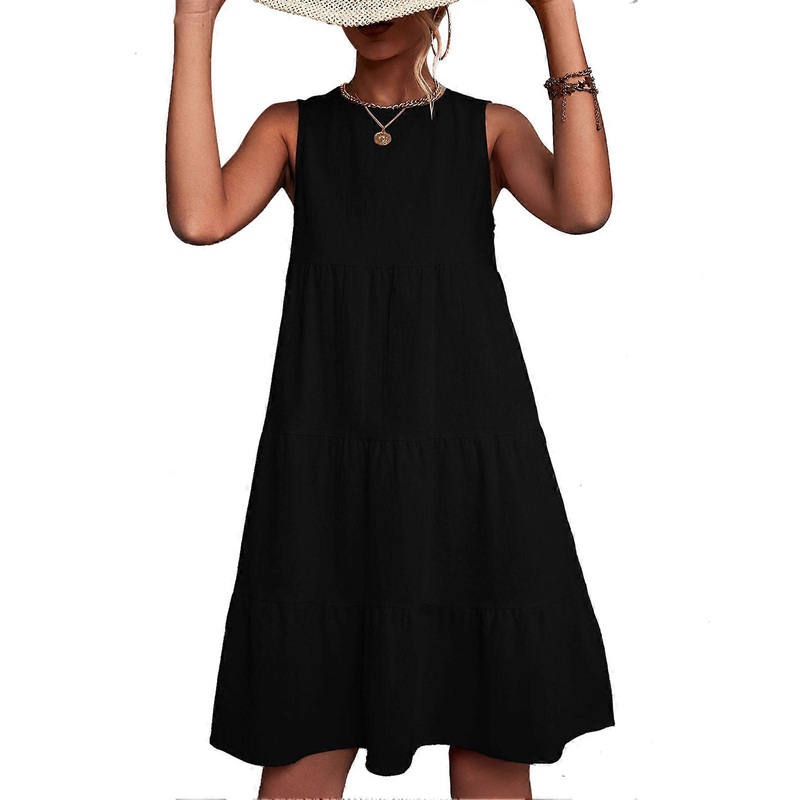 Black Sleeveless Tiered Dress – Stylish Round Neck Elegant Casual Summer Outfit, S | Fruugo SG
