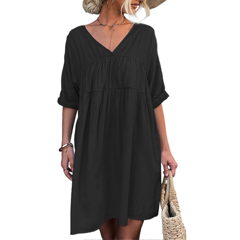 Black V-Neck Short Sleeve Dress – Elegant Back V-Shaped Opening Loose Fit Casual Summer Wear, S | Fruugo SG