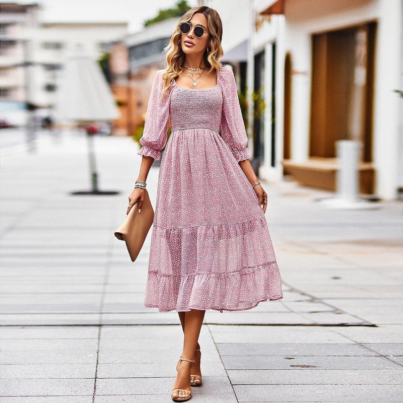 Bohemian Women’s Spring Summer Temperament Square Neck Short Sleeve Printed Long Dress | Fruugo SG