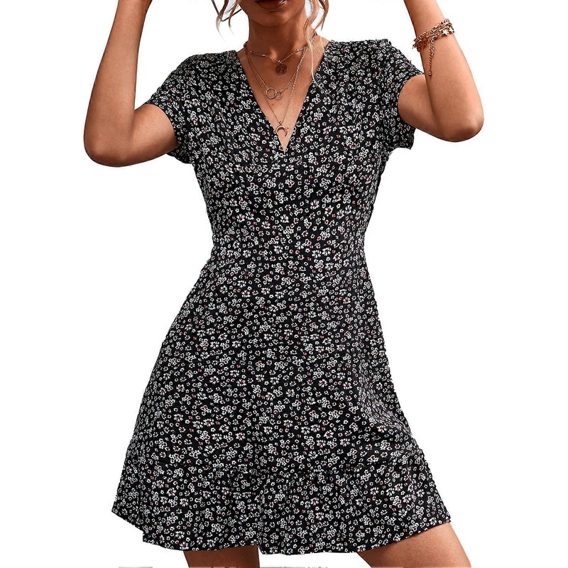 Chic Black Floral V-Neck Dress – Stylish Ruffled Hem Casual Beach Summer Wear, M | Fruugo SG