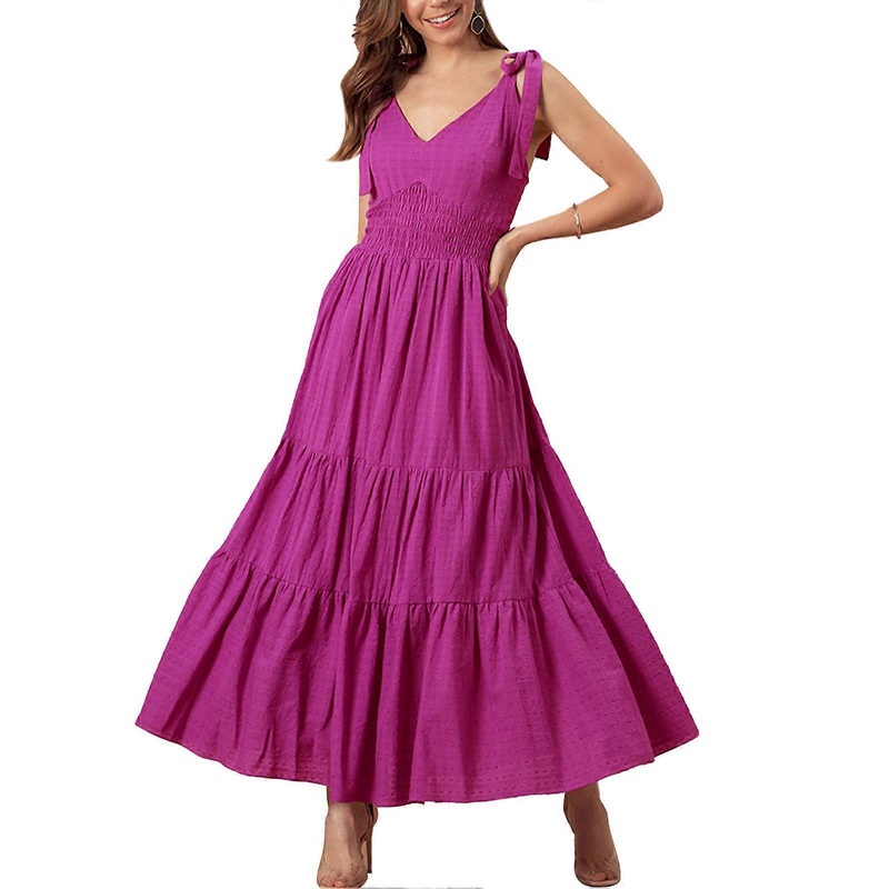 Chic Purple Summer Dress – V Neck Tie Strap, Slim Waist, Large Hem, Breathable & Stylish, Size M | Fruugo SG