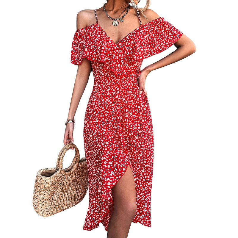 Chic Red V-Neck Floral Dress – Elegant Belted Ruffle Sleeve Irregular Slip Summer Wear, M | Fruugo SG