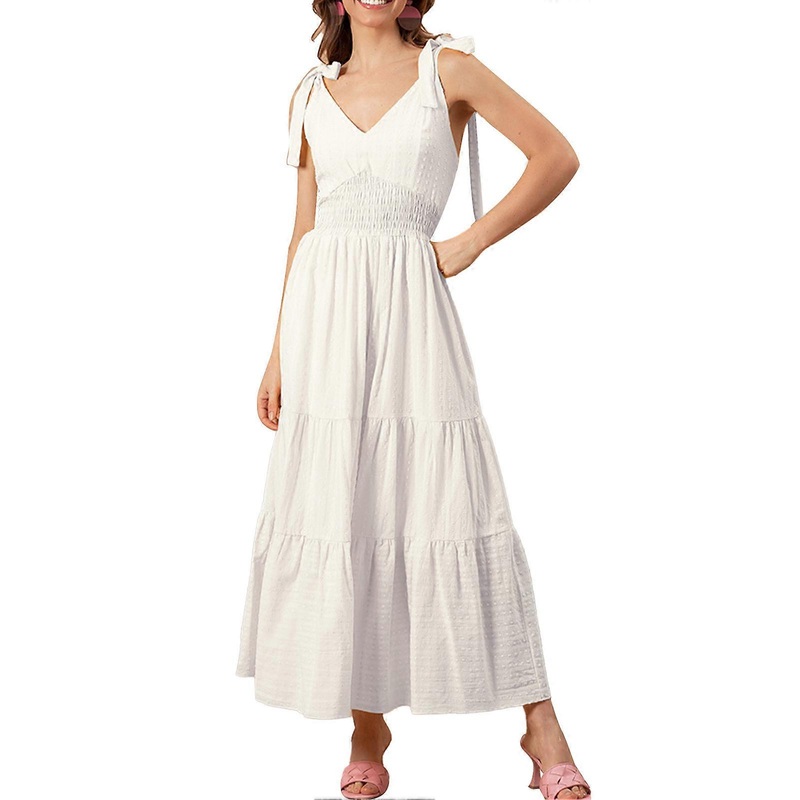 Classic White Tie Strap Dress – Round Dot Fabric, Slim Waist, Large Hem, Summer Casual Wear, Size XXL | Fruugo SG