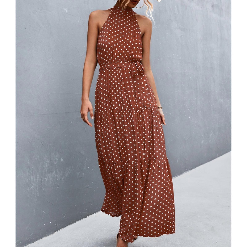 Coffee Halter Neck Maxi Dress – Breathable Printed Sleeveless Summer Long Dress for Women, S | Fruugo SG