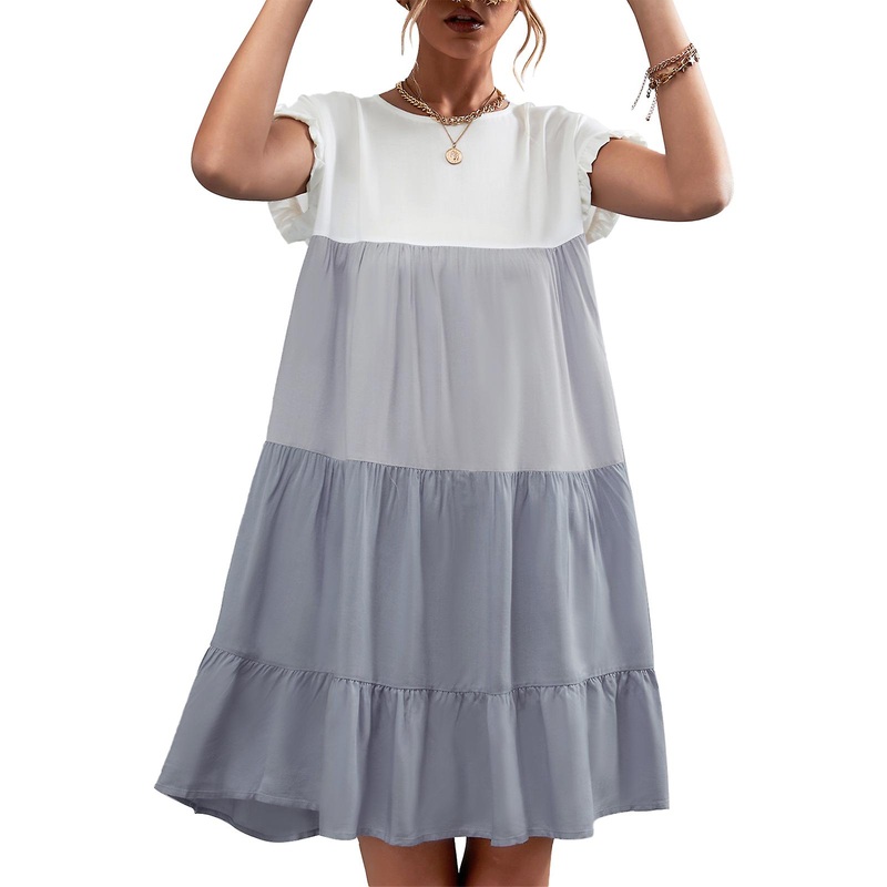 Contrast Color Splicing Dress Classic One Piece Dress with Ruffled Cuffs Machine Washable for Summer Gray XL | Fruugo SG
