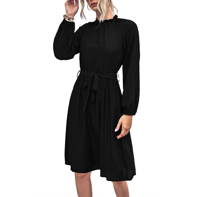 Dress Solid Color Round Neck Long Raglan Sleeves Tie Waist Loose Elegant Comfortable Women Dress Black S | Fruugo SG