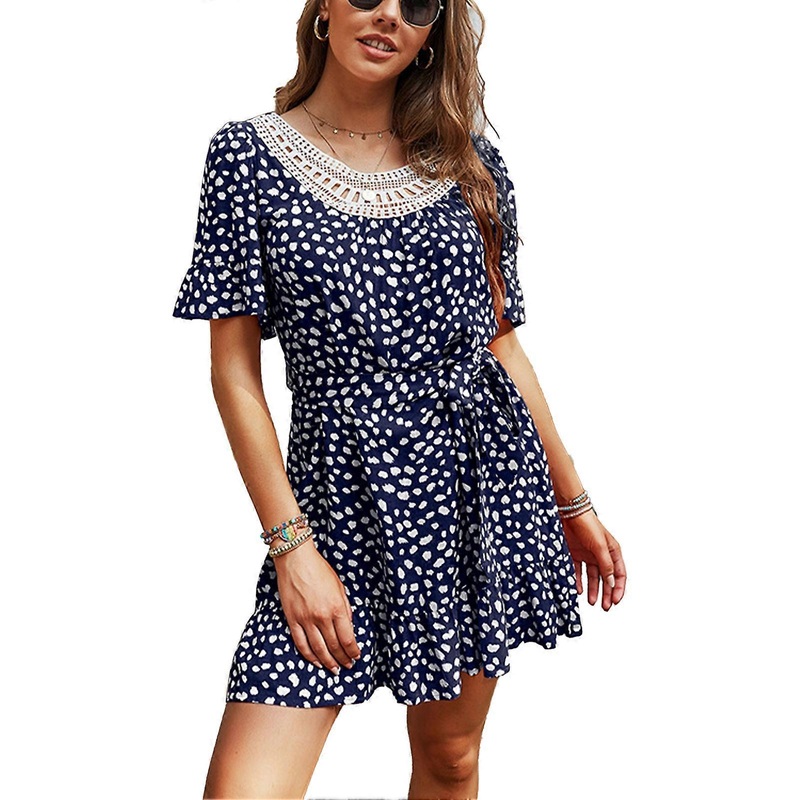 Elegant Dark Blue Summer Dress – Lace Paneling, Loose Fit, Short Sleeve Flowy Hem, Size XL | Fruugo SG