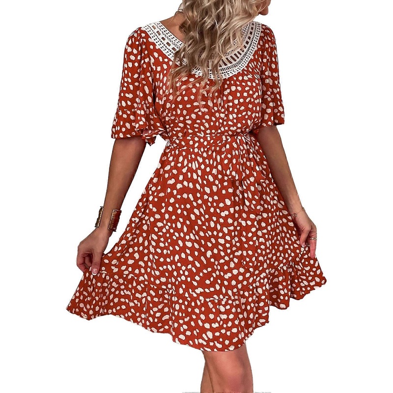 Elegant Orange Summer Dress – Lace Paneling, Short Sleeve, Flowy Hem, Loose Fit, Size XL | Fruugo SG