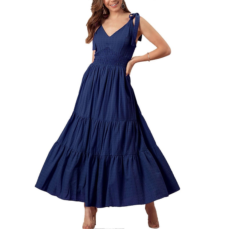 Elegant Sapphire Blue Summer Dress – V Neck Tie Strap, Slim Waist, Flowy Hem, Lightweight & Stylish, Size XL | Fruugo SG