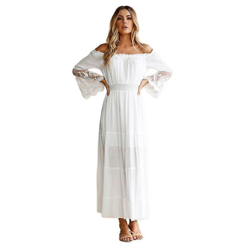 European And American Sexy Collar Lace Patchwork Horn Sleeve Dress Dress | Fruugo SG