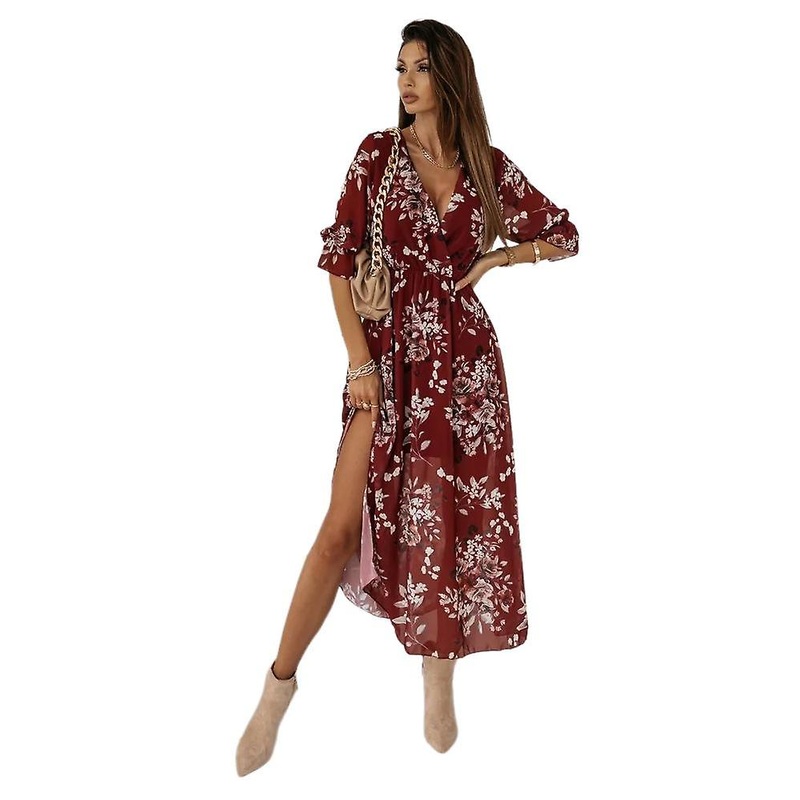 Fashion V-neck Slim Side Split Chiffon Print Dress Floating Chiffon Dress Loose Cut Long Print | Fruugo SG