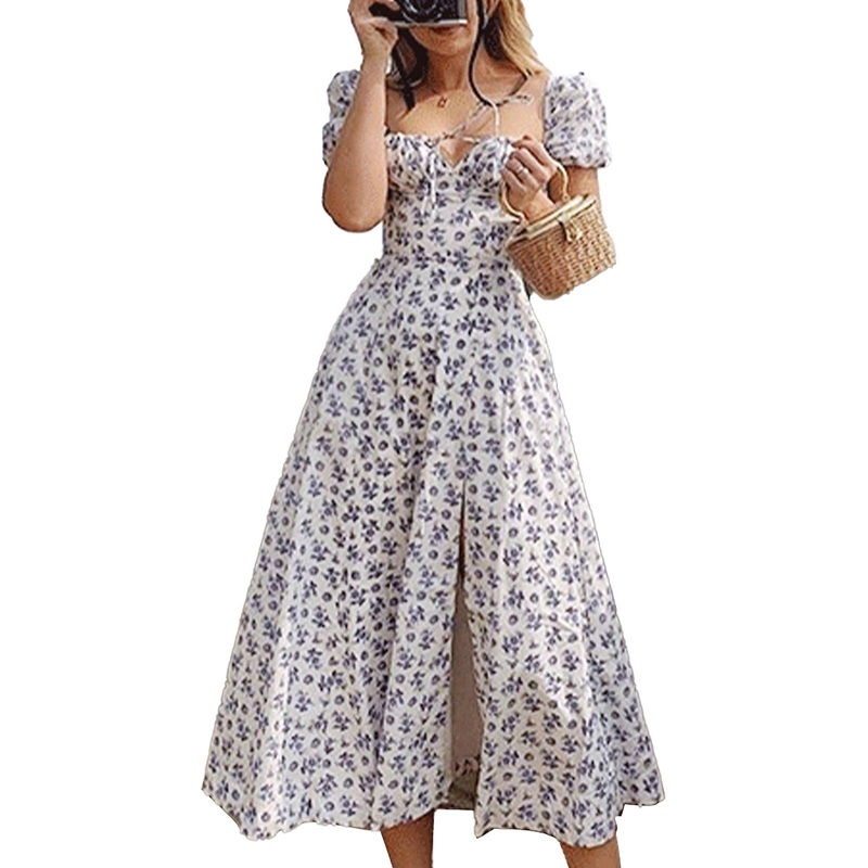 Fashionable Floral Maxi Dress Type 2 – Chest Strap, Puff Sleeves, Split Hem, Elegant Look, XXL | Fruugo SG