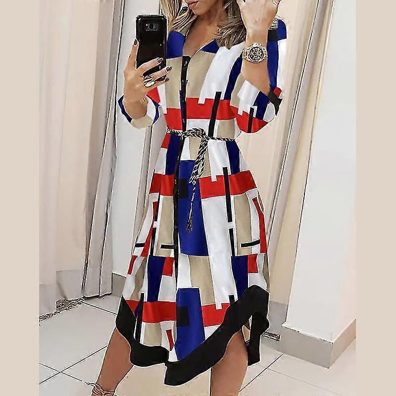Geometric-print Shirt Dress Long Sleeved Irregular Hem Ladies Lapel Neck Midi Dress Waist Tie Lace Up Dresses New | Fruugo SG