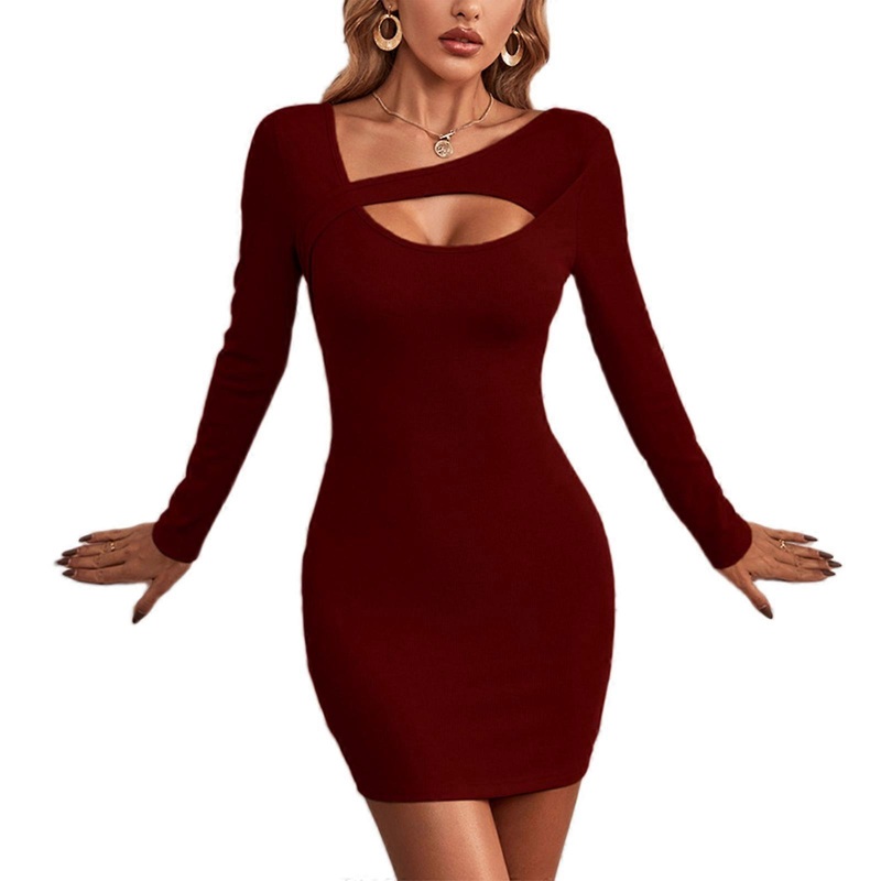 Women’s Sexy Cutout Irregular Neck Long Sleeve Mini Party Club Short Pencil Bodycon Dress  Burgundy S | Fruugo SG