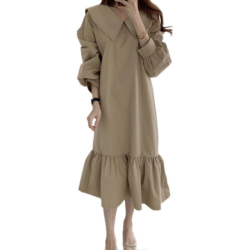 Women Solid Color Dress Sweet Sailor Collar Dress Exquisite Lantern Sleeve Dress Loose Plus Size Dress for Travel Daily  S Khaki | Fruugo SG