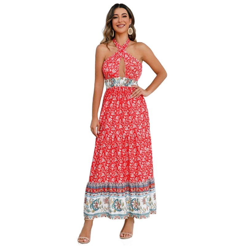 Womens Crisscross Halter Tie Backless Shirred Flowy Long Dress Boho Floral Print Pleated Ruffle Hem A-Line Swing Dresses  Red XL | Fruugo SG