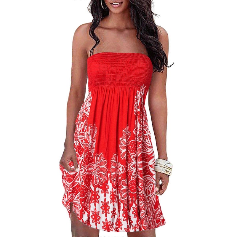 Womens Off Shoulder Pleated Flowy Smocked Tube Top Dress Vintage Boho Floral Print Strapless Swing Beach A-Line Dresses  Red XL | Fruugo SG