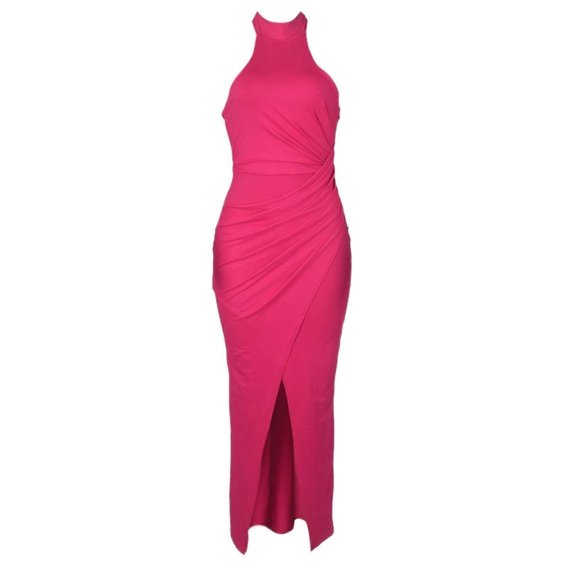 Womens Sexy Halter Neck Backless Sleeveless Maxi-Long Bodycon Dress High Split Ruched Wrap Hem Evening Party Dresses  rose Red M | Fruugo SG