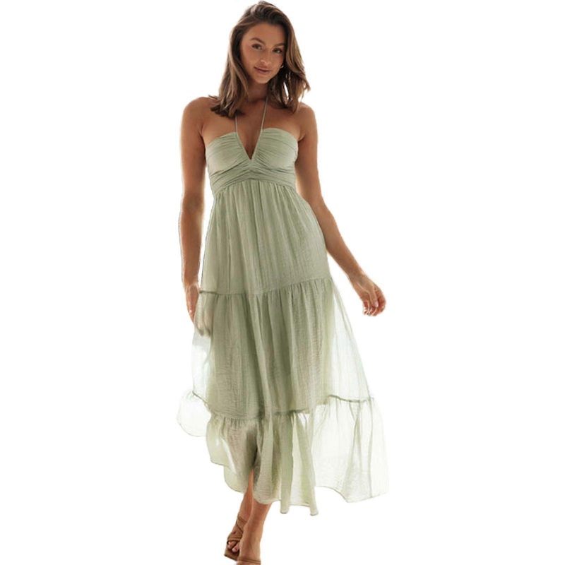 Womens Summer Solid Color Maxi Dress Sleeveless Halter Neck Flowy Ruffle Long Dresses for Party Night Club  Green M | Fruugo SG