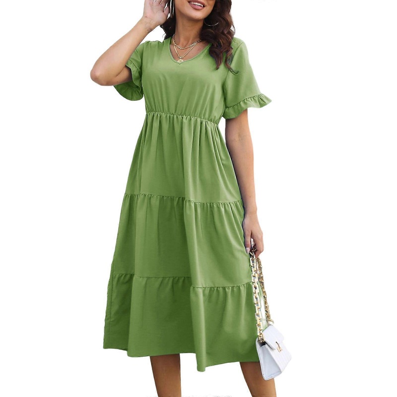 Womens Summer Solid Color Swing Midi Long Dress Ruffle Short Sleeve V-Neck Empire High Waist Tiered A-Line Flowy Dresses  Grass green XL | Fruugo SG