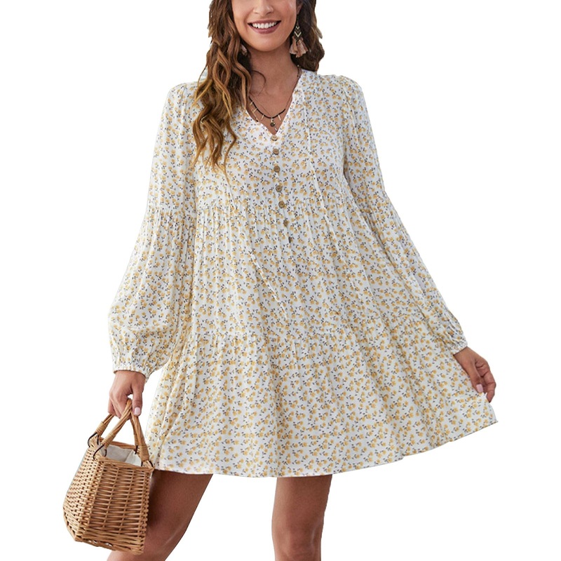 Yellow Floral V-Neck Button Front Dress – Long Sleeve Loose Fit Casual Summer Outfit, 2XL | Fruugo SG