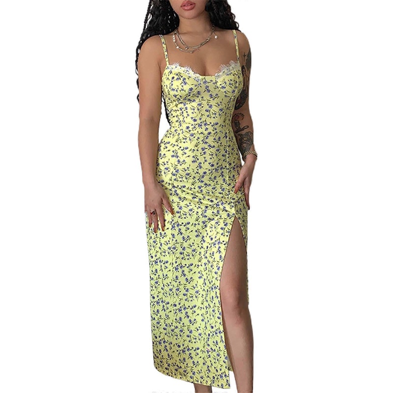 Camisole Long Dress Floral Print Heart Neck Womens New Prom Dresses Split Fashion Streetwear Party Holiday Outfits  Yellow S | Fruugo SG