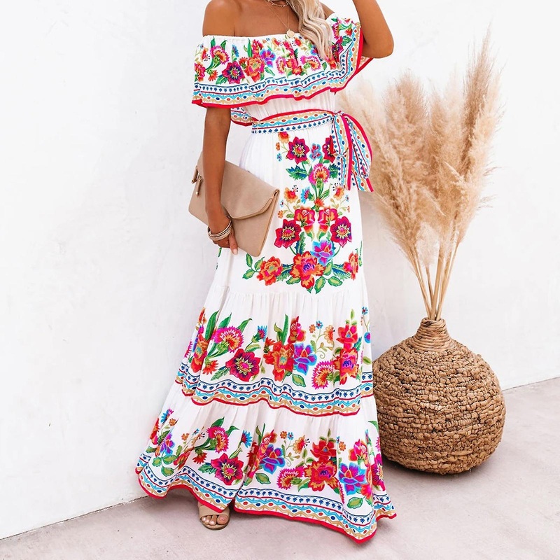 Women’s Elegant Floral Print High Waist Shoulder Long Dress For Summer Party | Fruugo SG