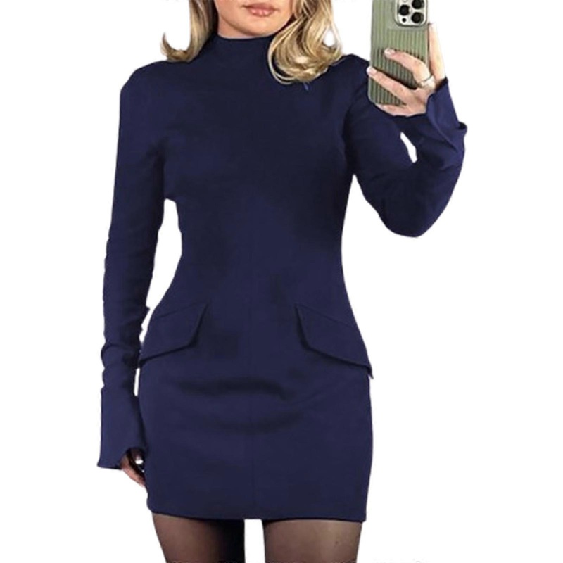 Women’s Long Sleeve Mini Pencil Dress Casual Slim Fitted Bodycon Dress Sexy Cocktail Party Dress Solid Pencil Dresses  Navy blue S | Fruugo SG