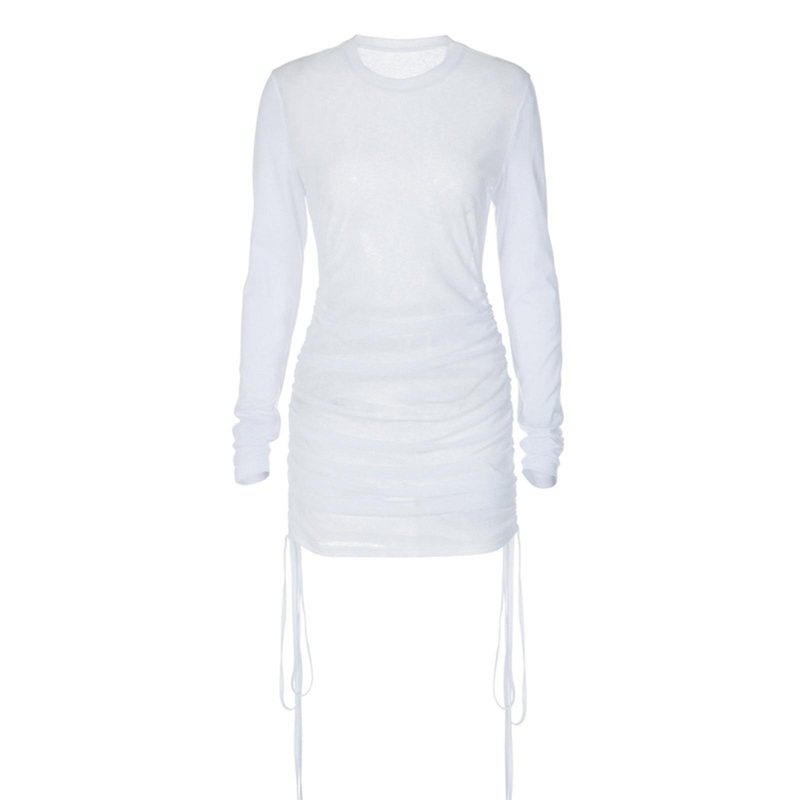 Women’s Solid Color Slim Dress Long Sleeve Crew Neck for T Shirt Dress Pleated Short Side Drawstring Tunic Hip Hedging D  White S | Fruugo SG