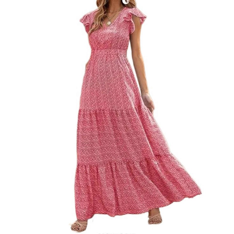 Women’s Summer Swing Maxi Dress High Waist Casual Short Sleeve V Neck Bohemian Beach Long Dresses  Red XL | Fruugo SG