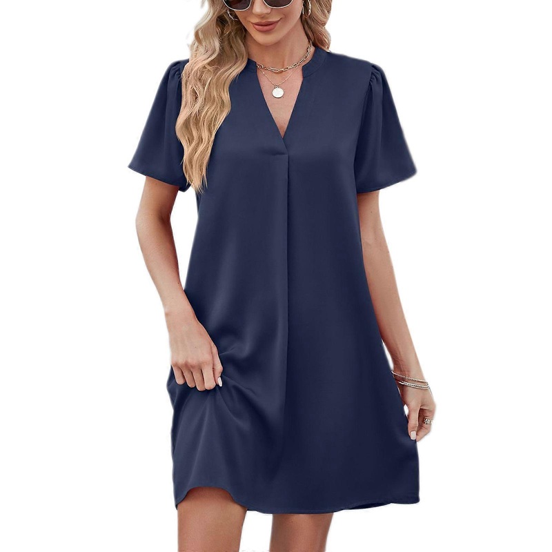 Women V-neck Dress Solid Color Holiday Dress All-matching Summer Dress Loose-Fit Casual Dress Short Sleeves Dress  Royal blue XL | Fruugo SG