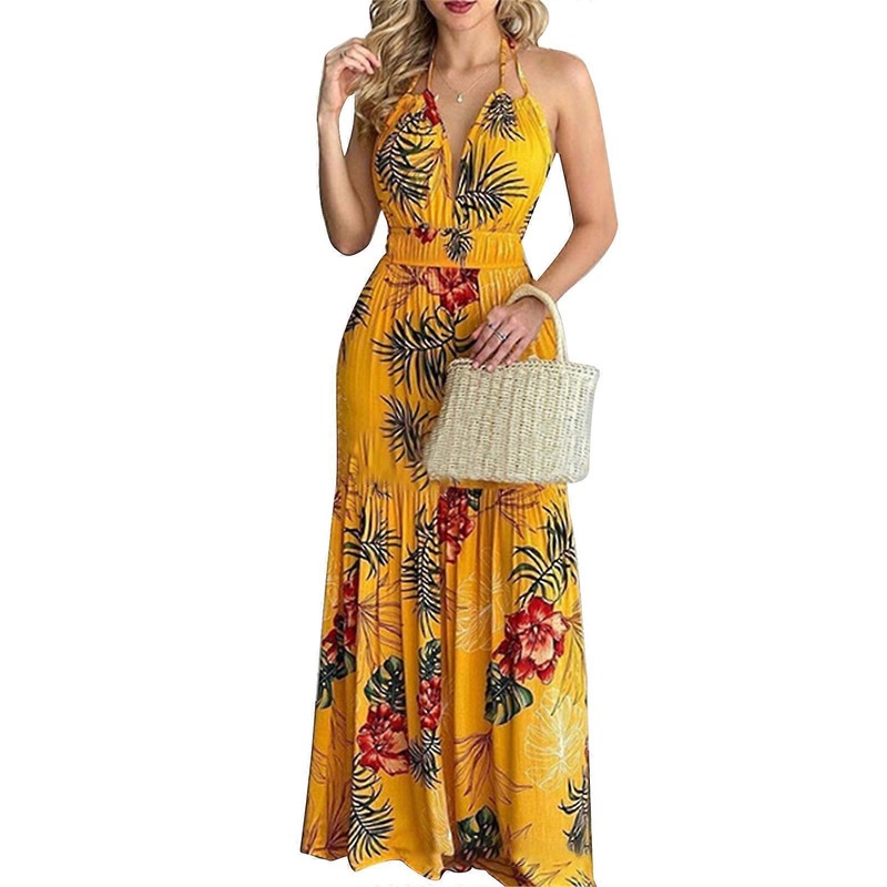 Womens Floral Summer Dress Halter V Neck Sleeveless Swing Flowy Boho Smocked High Waist Long Maxi Dresses  Yellow XL | Fruugo SG