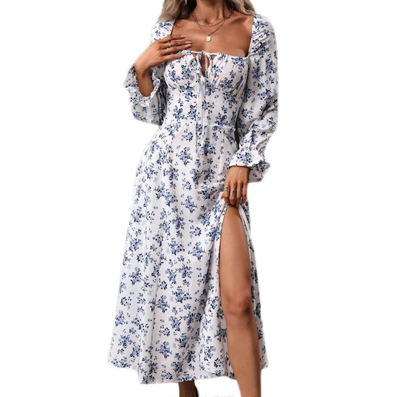 Womens Girl Split Long Sleeve Top Dresses Lace-up Floral Printed Long Dress Fashin Insgram Style Square-Collar Outfit  White XL | Fruugo SG