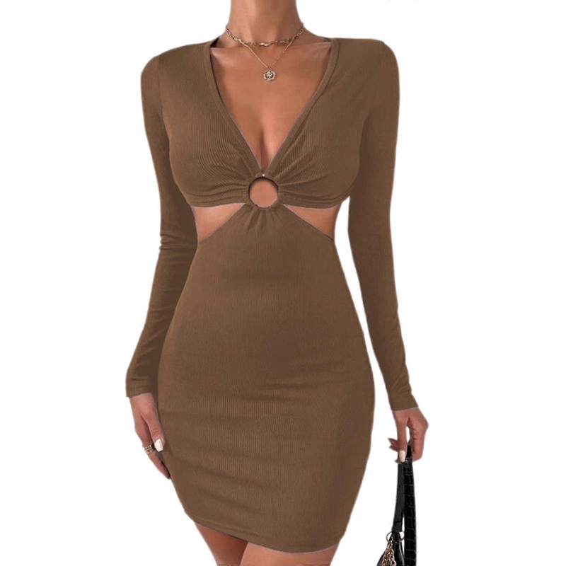 Womens Long Sleeve Dresses Solid Color Mini Dress High Waist Long Dress Deep V-neck Hollow Out Dress for Party  Light coffee L | Fruugo SG