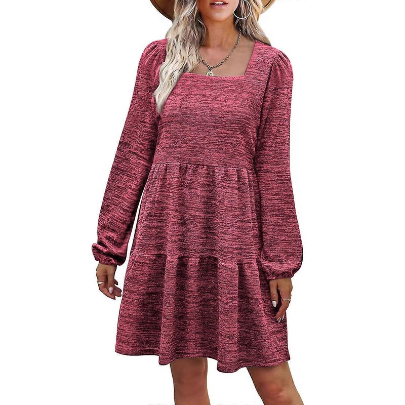 Womens Puff Long Sleeve Square Neck Solid Color Casual A-Line Dress High Waist Tiered Pleated A-Line Swing Tunic Dresses  Red XL | Fruugo SG