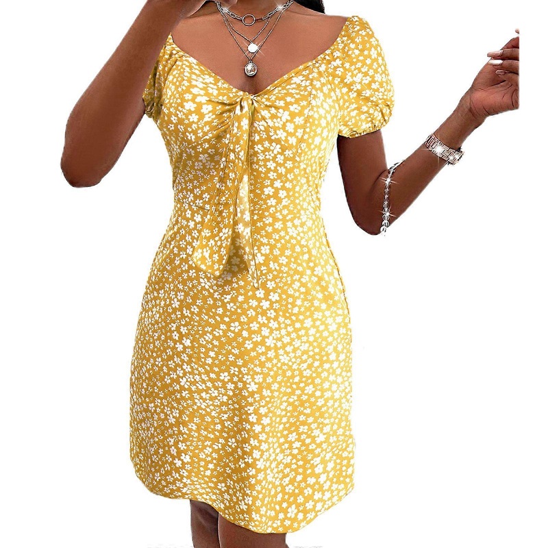 Womens Short Sleeve Midi Dress Floral Print Above Knee Length Flared Hem Party Vacation Bohemian Flowy V-Neck Sundress  Yellow XL | Fruugo SG