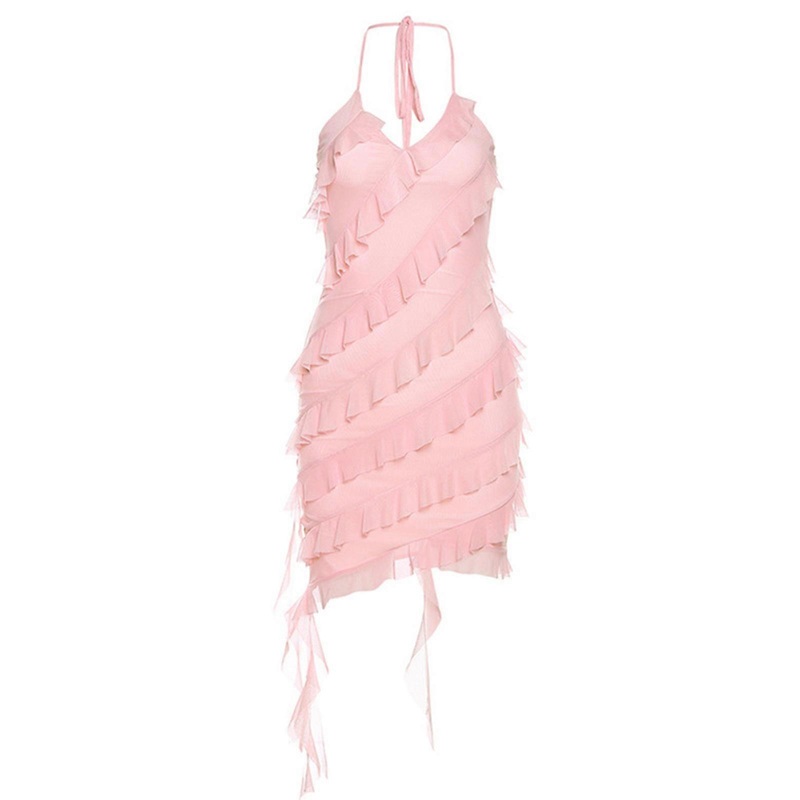 Womens Sleeveless Halter Neck Ruffle Layer Tie Back A-Line Mini Dress Halter Suspenders Dress V-neck Party Dress  Pink S | Fruugo SG