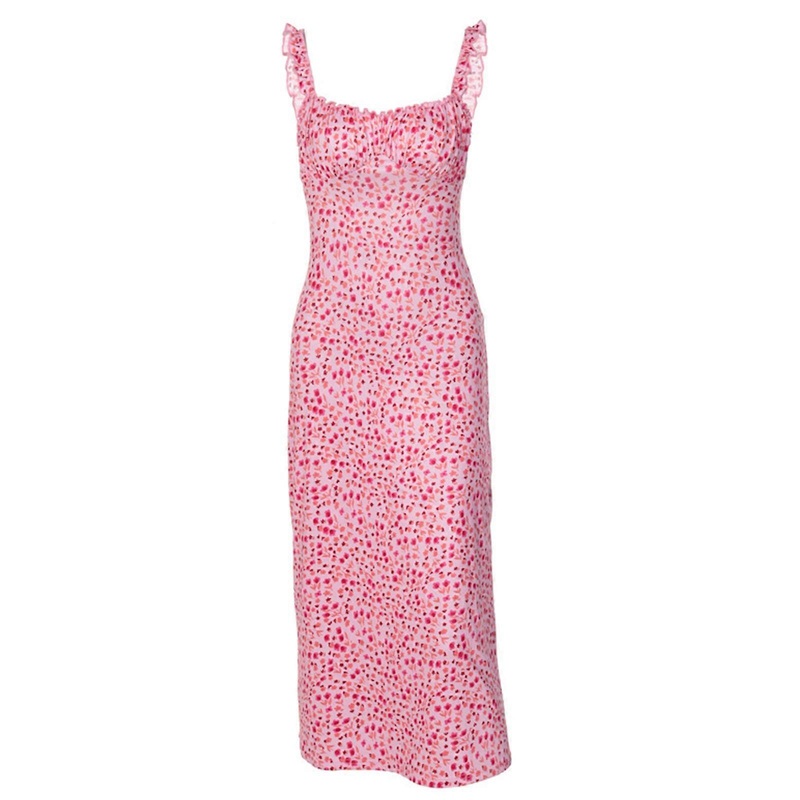 Womens Sleeveless Spaghetti Strap Midi Dress Floral Print Flowy Hem Backless Ruffles Trim Ruched Vacation Long Sundress  Pink S | Fruugo SG