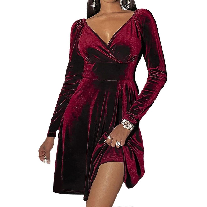 Womens Spring Fall Elegant Long Sleeve Midi Dress Sexy Ruched Wrap V-Neck A-Line Flared Hem Cocktail Party Dresses  Red XL | Fruugo SG