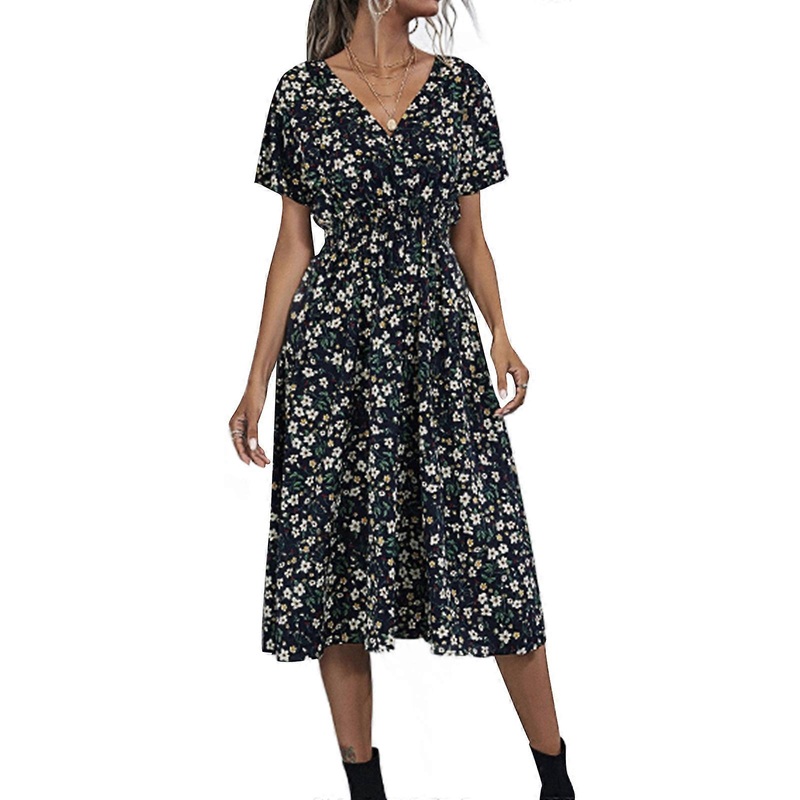 Womens Summer Short Sleeve V-Neck Flowy Midi Long Dress Boho Floral Print Smocked Elastic Waist Pleated A-Line Dresses  106829 black XL | Fruugo SG