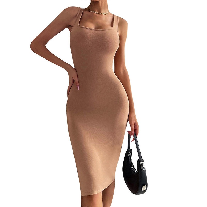 Womens Summer Sleeveless Tank Dress Casual Knee Length Bodycon Sundress Back Cutout Slim Fitted Dress  Khaki S | Fruugo SG