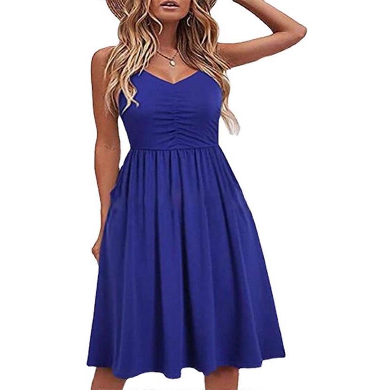 Womens Sundresses V Neck Sleeveless Empire Waist Dress Summer Casual Midi Pleated Tank-Vest Dresses  Blue M | Fruugo SG