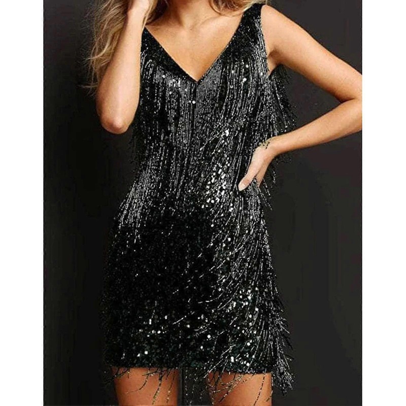Cocktail Dresses for Women Deep V-Neck All-Over Fringe Spaghetti Straps Dress Cocktail Evening Mini Dress | Fruugo SG