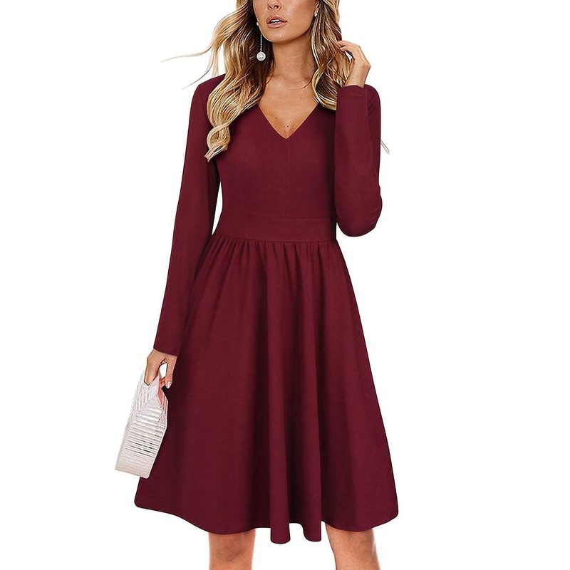 Dress High Waist V Neck Long Sleeve Drape Bodycon Pure Color Knee Length Dress for Women Wine Red XL | Fruugo SG