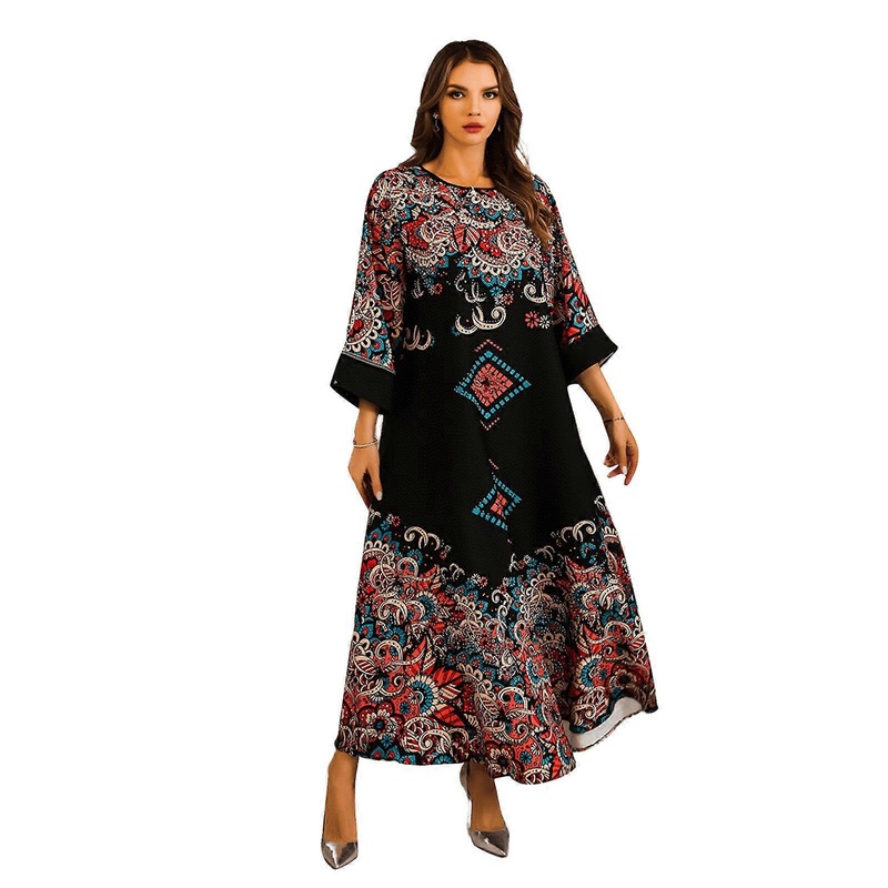 Flower Print Kaftan Dress for Women Dubai Clothing Dress Full Length Islamic Robe Embroidered Pearls Middle East Dress  Black XL | Fruugo SG