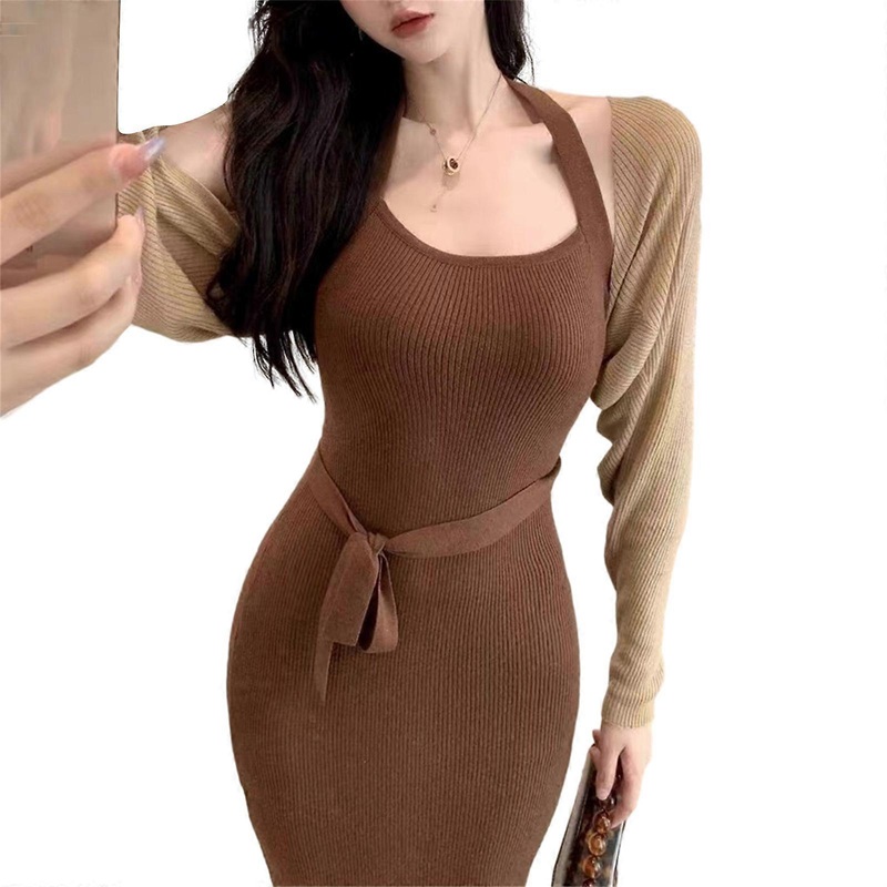 Women’s 2 Piece Sweater Dress Outfit Sets Long Sleeve Knit Cropped Shurgs Boleros and Bodycon Maxi Dress Fall Clothes  camel | Fruugo SG