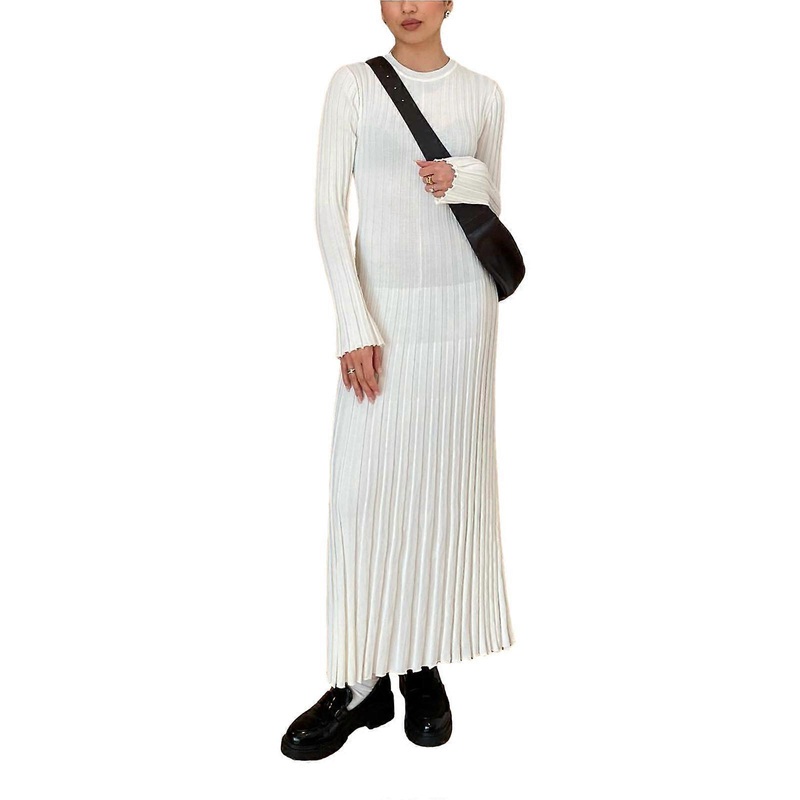 Women’s 2023 Fall Long Sleeve Round Neck Ribbed Knit A Line Pullover Sweater Dress with Belt Casual Bodycon Maxi Dress  White M | Fruugo SG