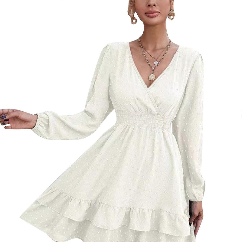 Women’s Autumn Dress Casual Ruffle Layer Swing Dress Mini Tunic Dress Deep V Neck Long Sleeve Dress Short Cocktail Dress  White XL | Fruugo SG