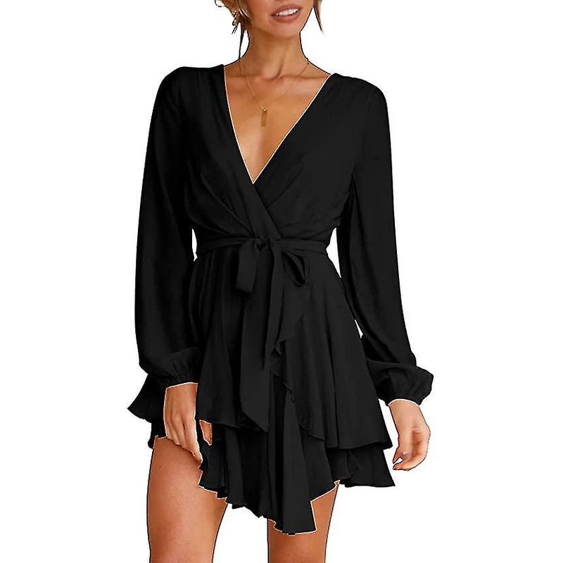 Women’s Dress Deep V-neck Long Sleeve Waist Tie Ruffle Mini Swing Skater Dresses | Fruugo SG