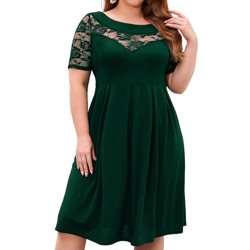 Women’s Plus Size Short Sleeve Lace Midi Dress Pleated Casual Summer Flowy Dress Sexy Elegant Round Neck  A-line Dress  4XL dark green | Fruugo SG